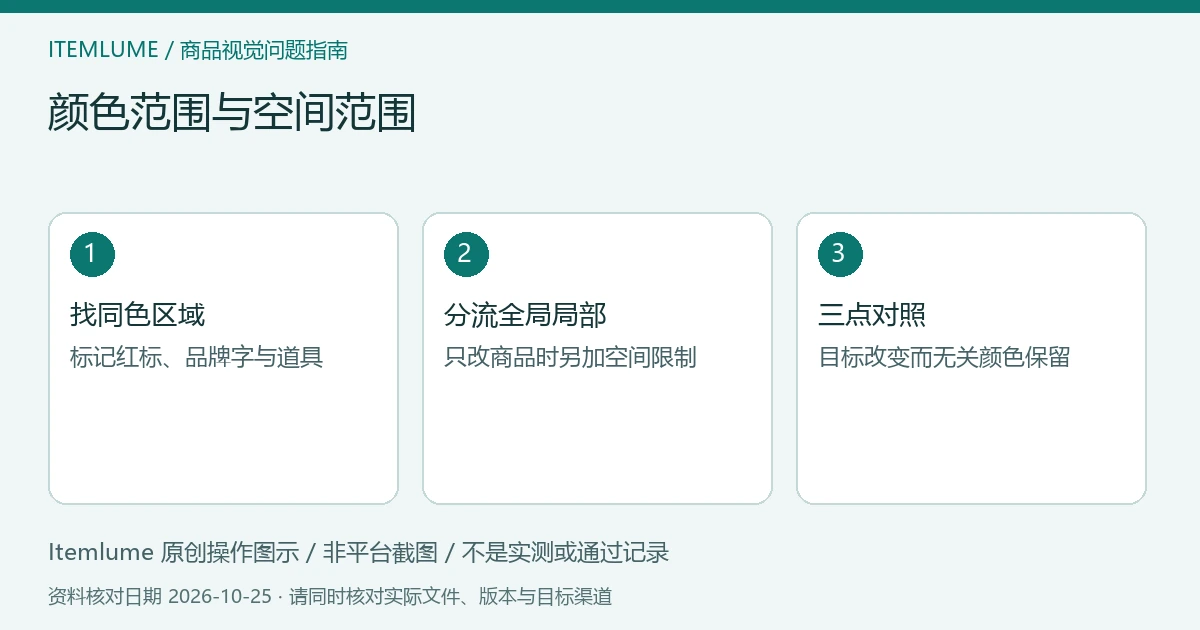 颜色范围与空间范围：找同色区域、分流全局局部、三点对照的三步示意