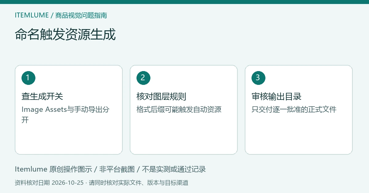 命名触发资源生成：查生成开关、核对图层规则、审核输出目录的三步示意