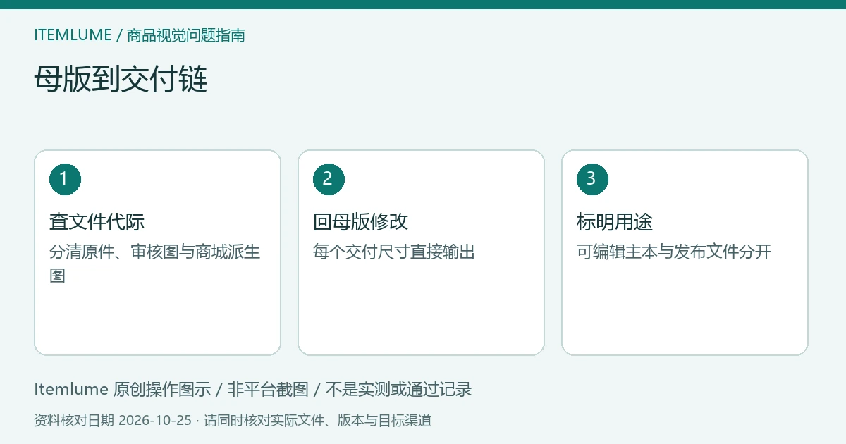 母版到交付链：查文件代际、回母版修改、标明用途的三步示意