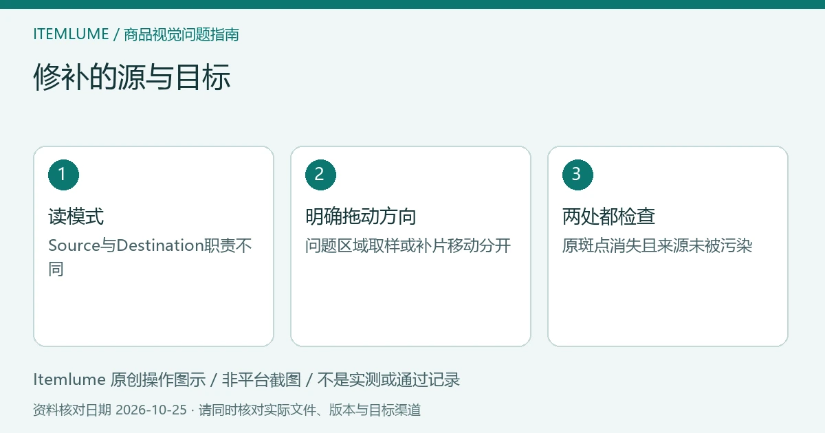 修补的源与目标：读模式、明确拖动方向、两处都检查的三步示意