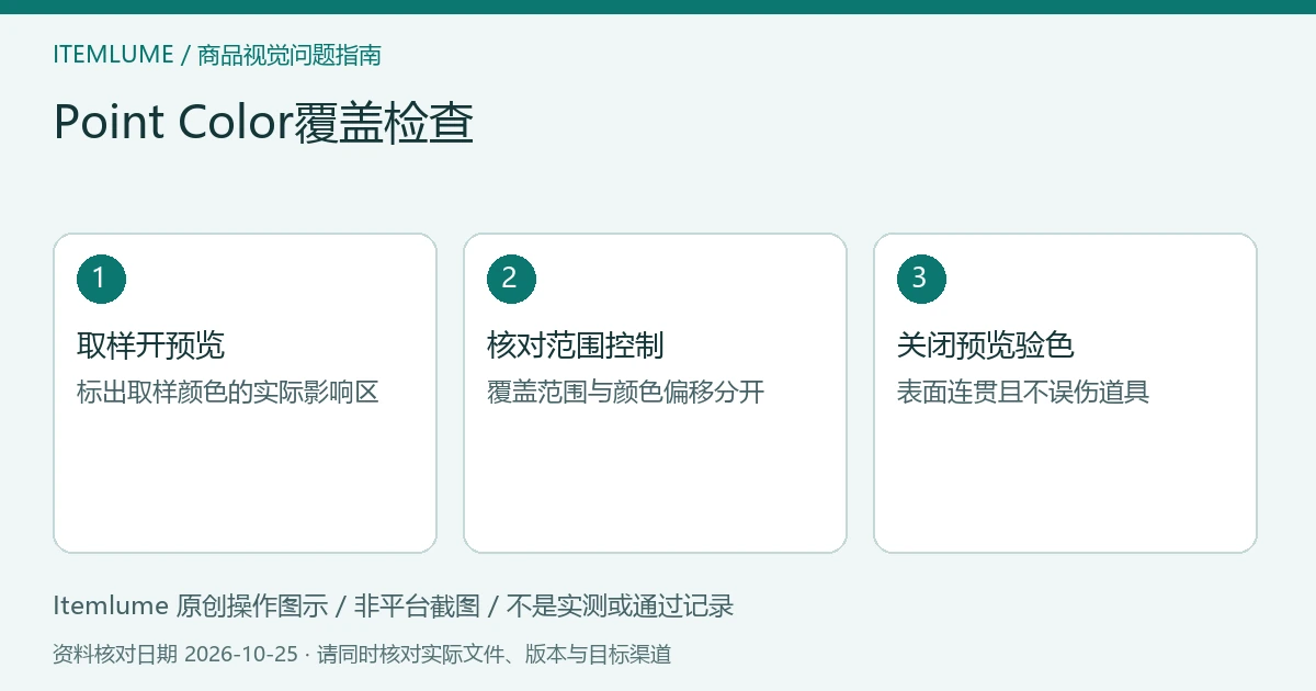 Point Color覆盖检查：取样开预览、核对范围控制、关闭预览验色的三步示意