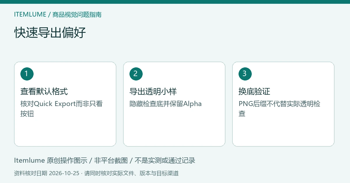 快速导出偏好:查看默认格式、导出透明小样、换底验证的三步示意