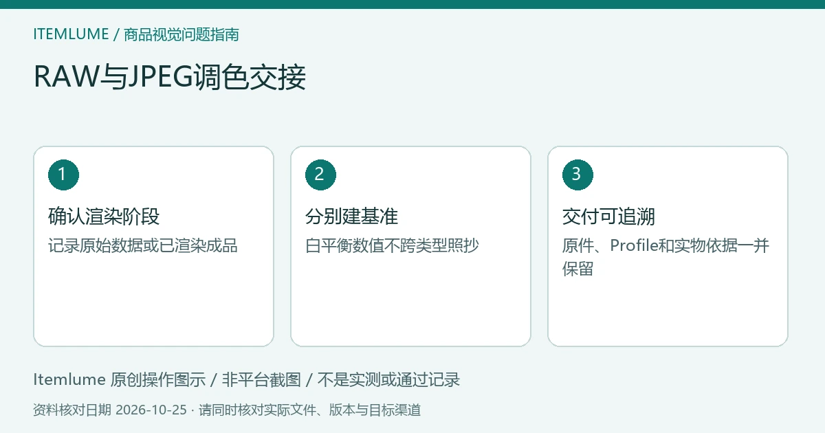 RAW与JPEG调色交接：确认渲染阶段、分别建基准、交付可追溯的三步示意