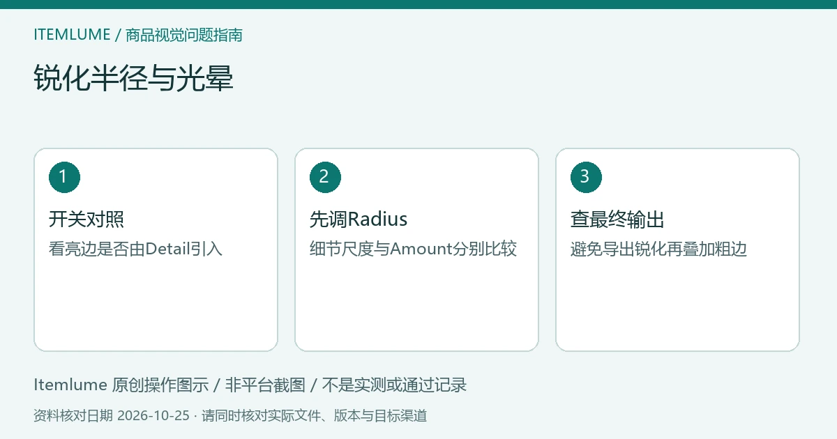锐化半径与光晕:开关对照、先调Radius、查最终输出的三步示意