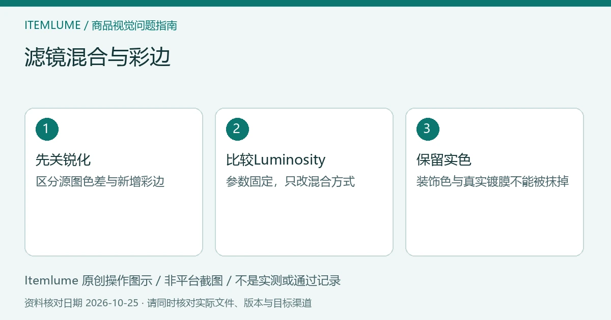 滤镜混合与彩边：先关锐化、比较Luminosity、保留实色的三步示意