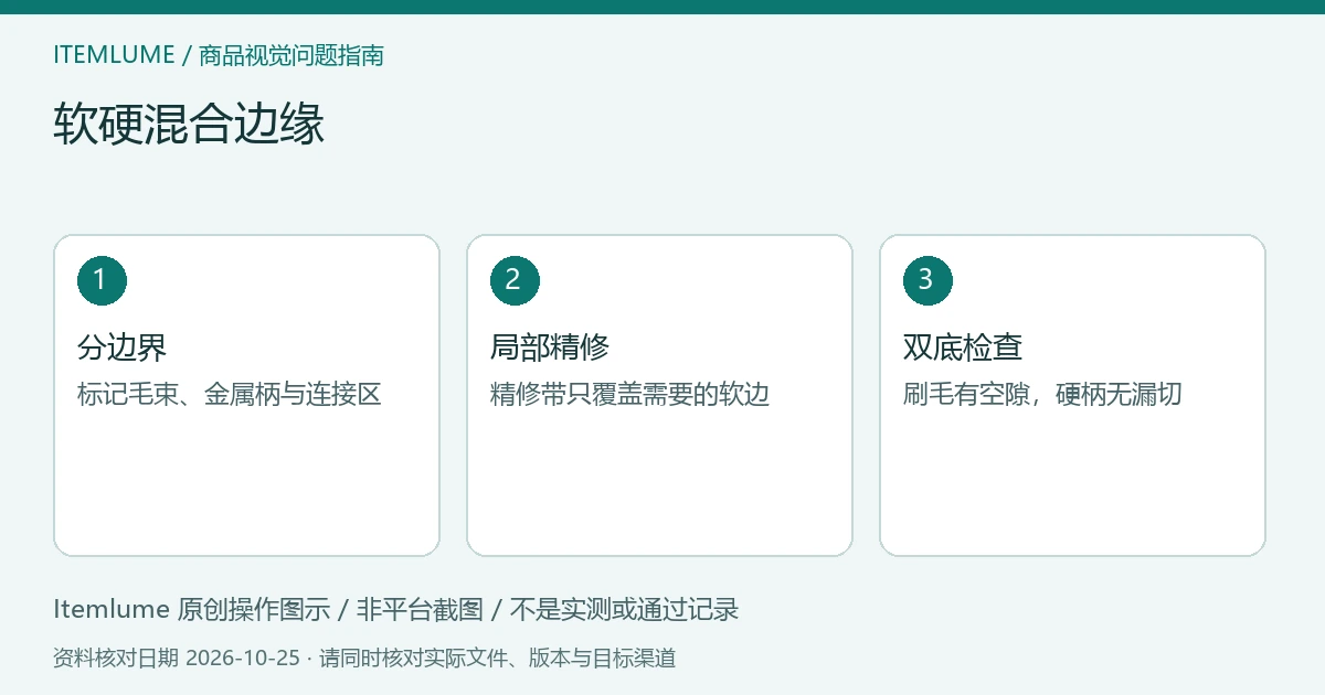 软硬混合边缘：分边界、局部精修、双底检查的三步示意