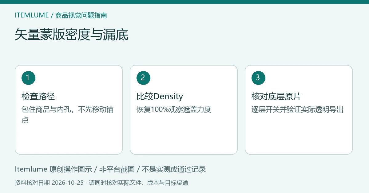 矢量蒙版密度与漏底：检查路径、比较Density、核对底层原片的三步示意