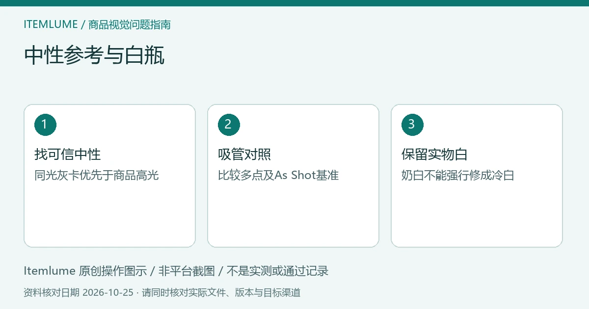 中性参考与白瓶：找可信中性、吸管对照、保留实物白的三步示意