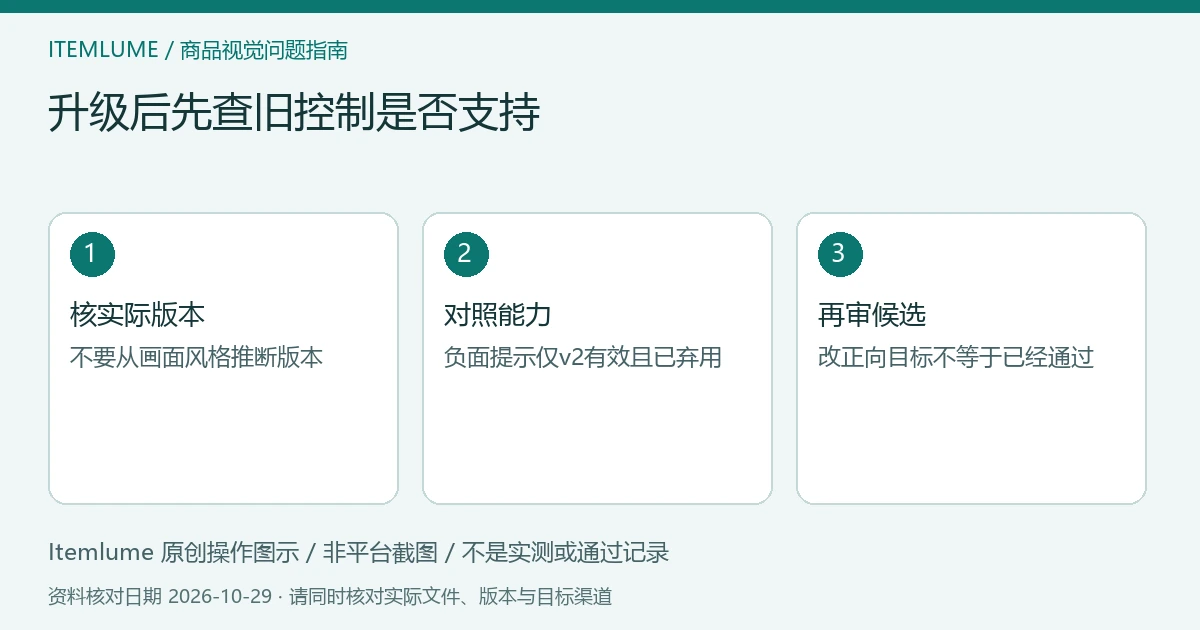 原创兼容性诊断示意:核实际版本、对应负面提示支持、比较商品背景;非接口截图