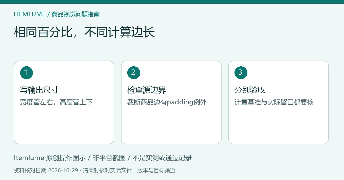 原创留白计算示意：输出宽高对应边距，并单独标出裁断商品边；非接口运行截图