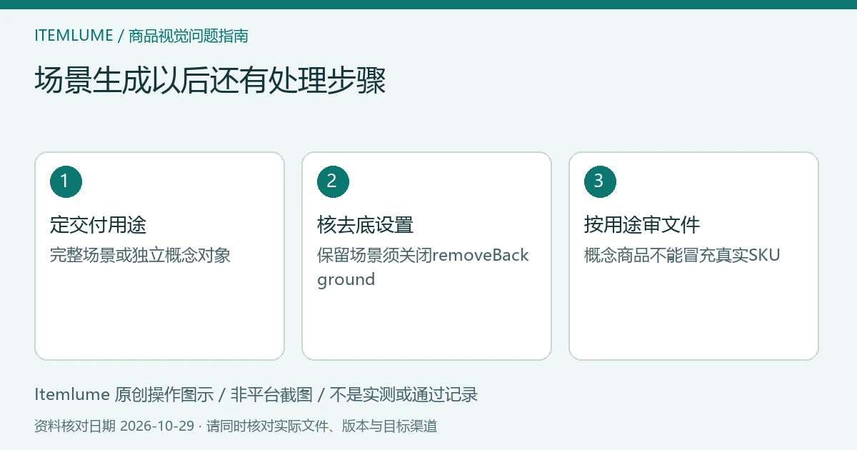 原创流水线示意:文字生成完整构图、检查默认去底、按用途验收结果;非接口截图