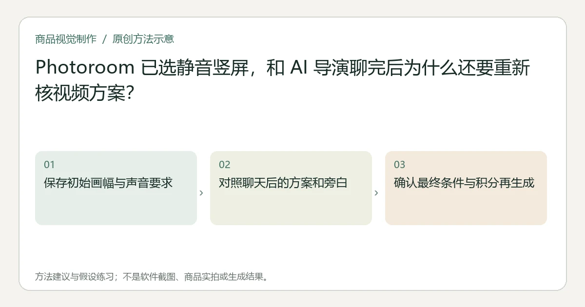 原创方法示意：保存初始画幅与声音要求；对照聊天后的方案和旁白；确认最终条件与积分再生成。非工具界面、商品实拍或测试结果。