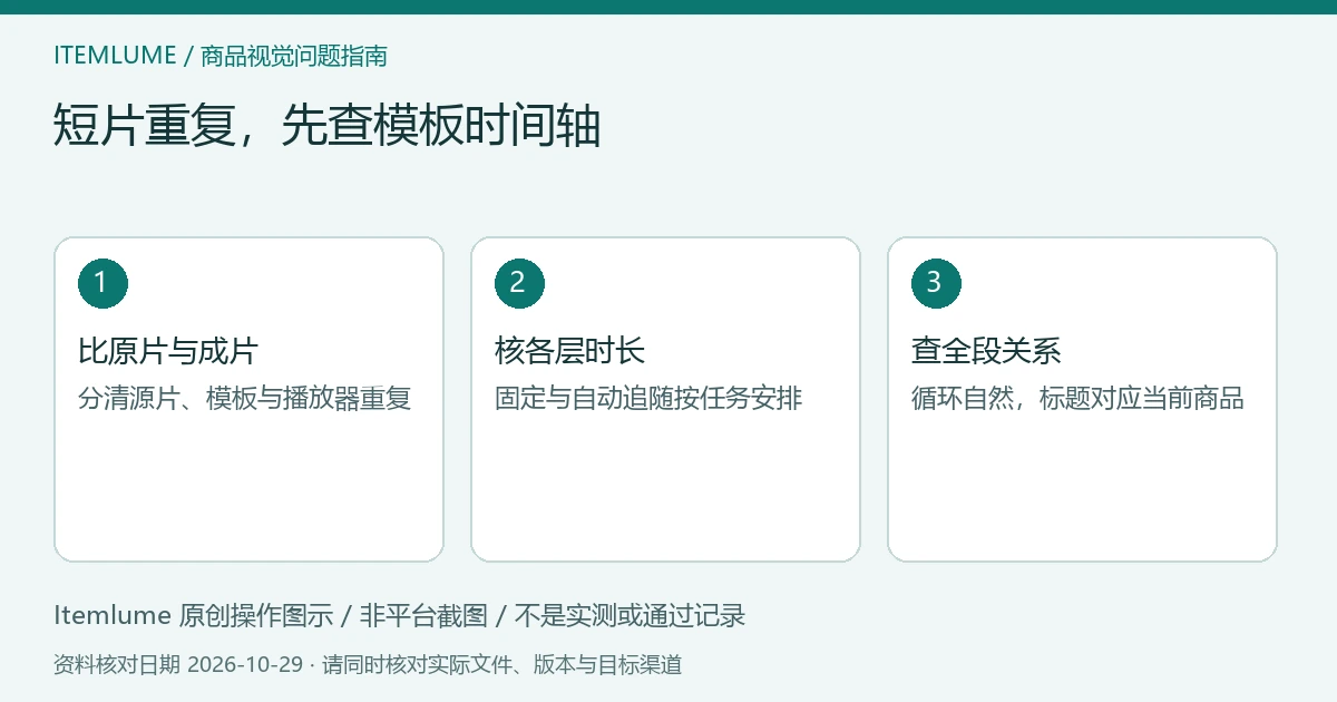 原创时间轴示意:短片与长模板比较、固定或自动图层时长、完整成片审核;非软件截图