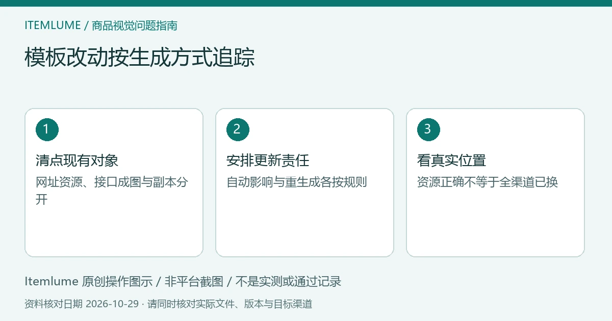 原创模板变更示意:按接入方式清点资源、安排重生成、核实际发布位置;非接口截图