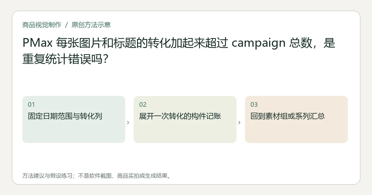 原创方法示意：固定日期范围与转化列；展开一次转化的构件记账；回到素材组或系列汇总。非工具界面、商品实拍或测试结果。