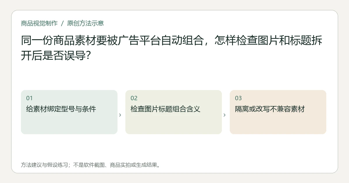 原创方法示意：给素材绑定型号与条件；检查图片标题组合含义；隔离或改写不兼容素材。非工具界面、商品实拍或测试结果。