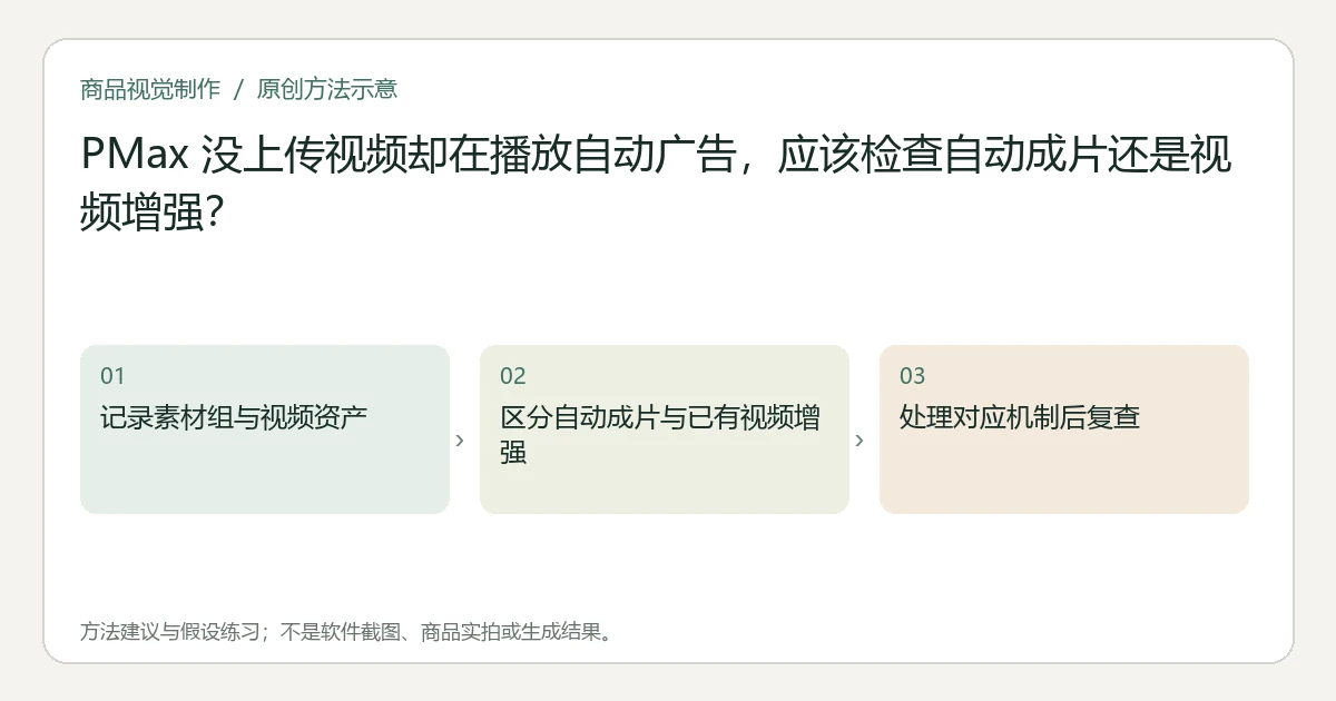 原创方法示意：记录素材组与视频资产；区分自动成片与已有视频增强；处理对应机制后复查。非工具界面、商品实拍或测试结果。