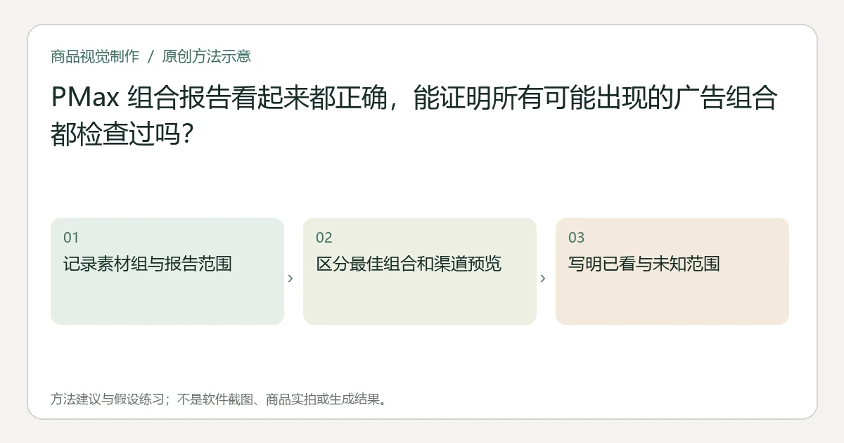 原创方法示意：记录素材组与报告范围；区分最佳组合和渠道预览；写明已看与未知范围。非工具界面、商品实拍或测试结果。