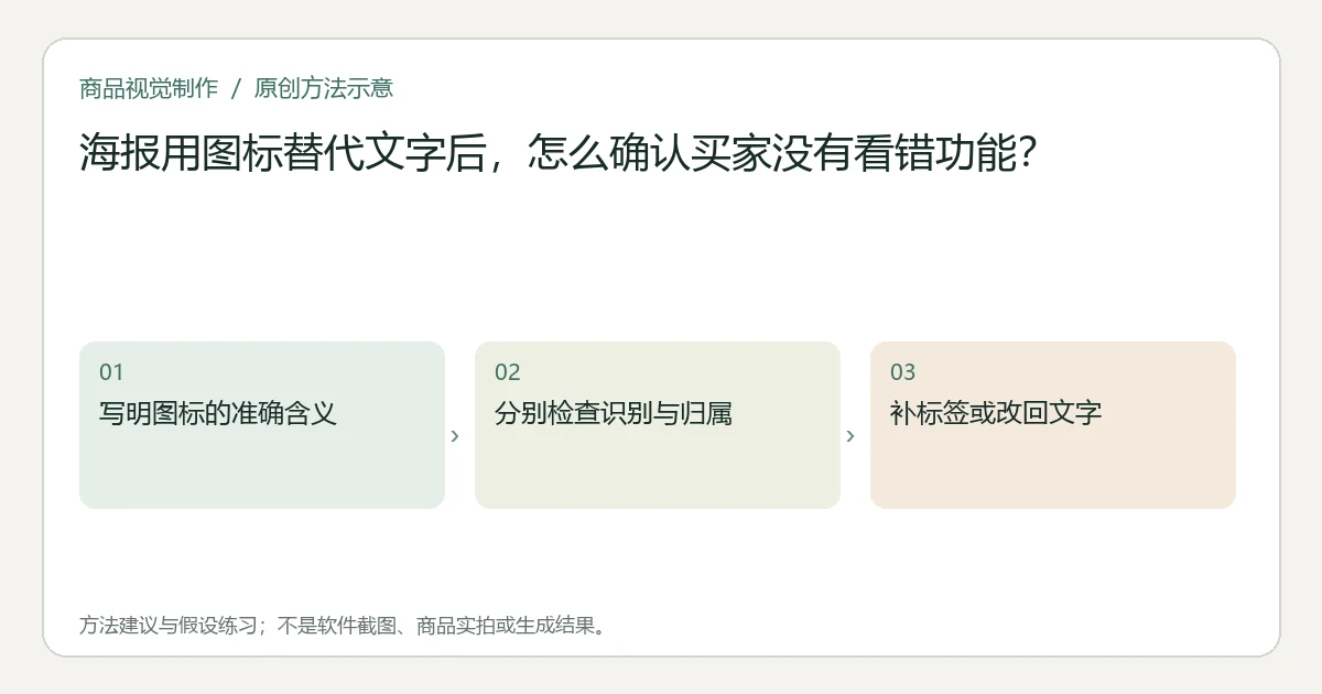 示意图展示先写图标含义、再分别检查识别与归属、最后决定补标签或替换的三步建议方法，不是实拍或用户测试结果。