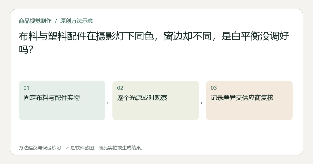 原创方法示意：固定布料与配件实物；逐个光源成对观察；记录差异交供应商复核。非工具界面、商品实拍或测试结果。