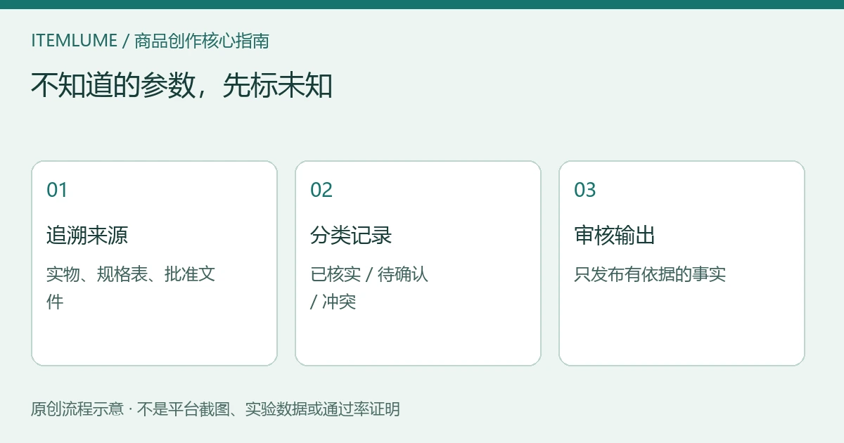 商品文案事实表示意：已确认事实可用，未知信息保留待核，冲突与无依据承诺暂停；非真实商品规格