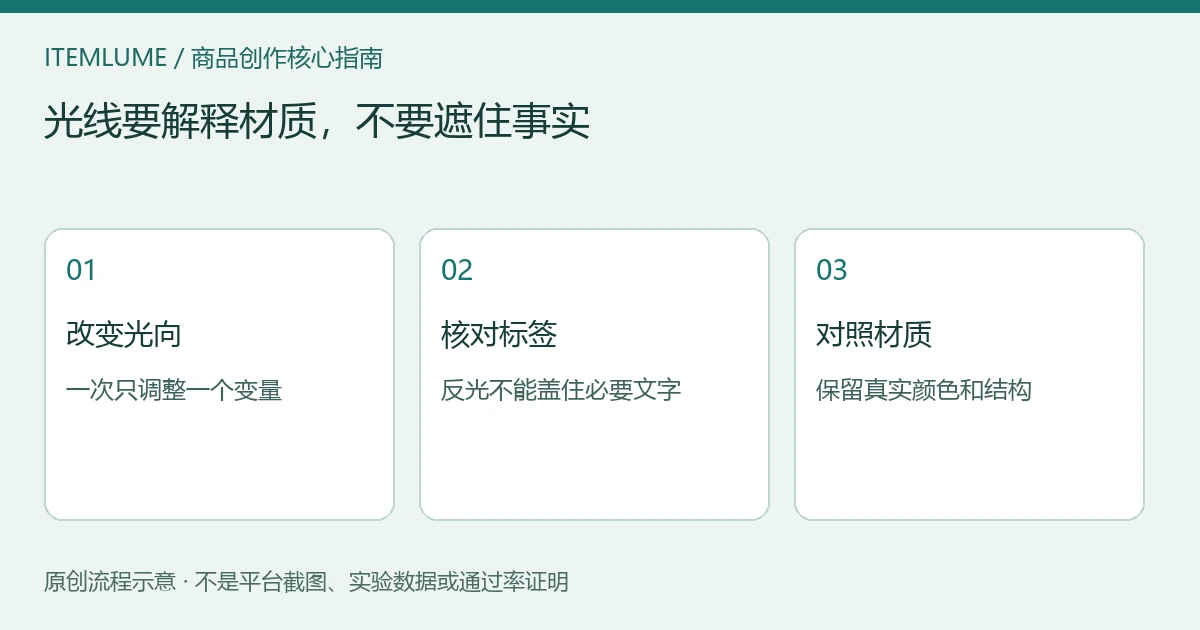 商品参考图布光的三步检查卡：改变光向、核对标签、对照材质；原创文字流程示意，不是布光位置图或实测结果。