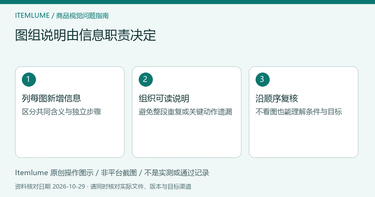 商品图组说明决策示意:判断共同含义、保留独立步骤、检查连续阅读;不是网页截图。