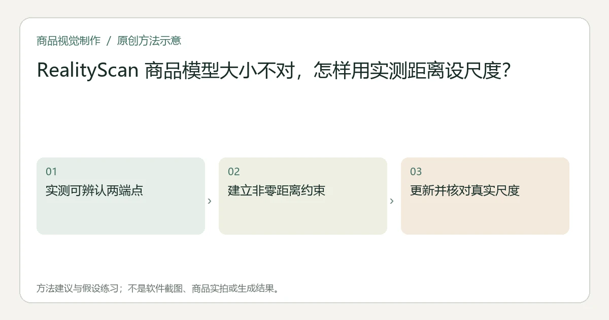 原创方法示意：实测可辨认两端点；建立非零距离约束；更新并核对真实尺度。非工具界面、商品实拍或测试结果。
