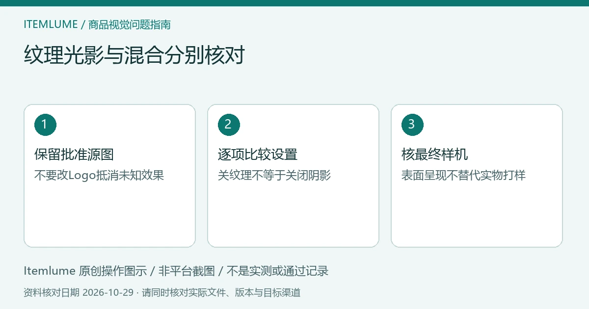 样机表面效果核对示意:区分纹理光影、分别检查混合、对照批准印花;不是Recraft截图。