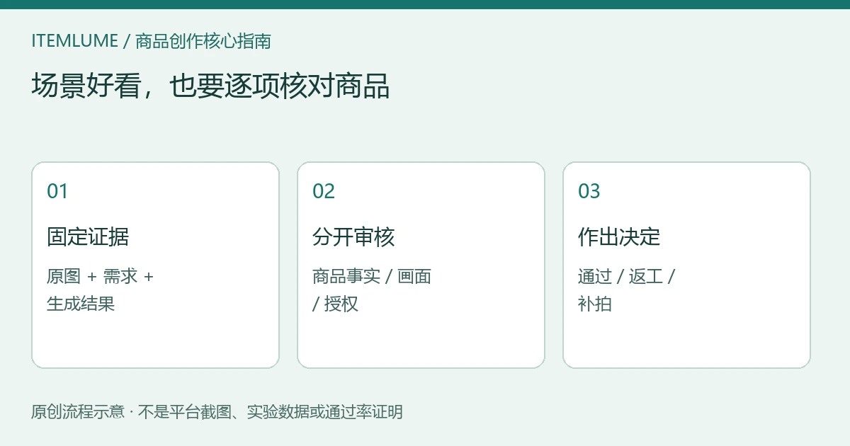 AI商品图逐项人工审核：先对照实际SKU检查商品身份，再按阻断、修正或接受分流，最后复核场景与发布条件；原创流程示意，非自动检测结果。