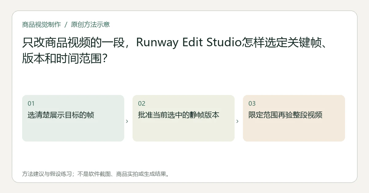 原创方法示意：选清楚展示目标的帧；批准当前选中的静帧版本；限定范围再验整段视频。非工具界面、商品实拍或测试结果。