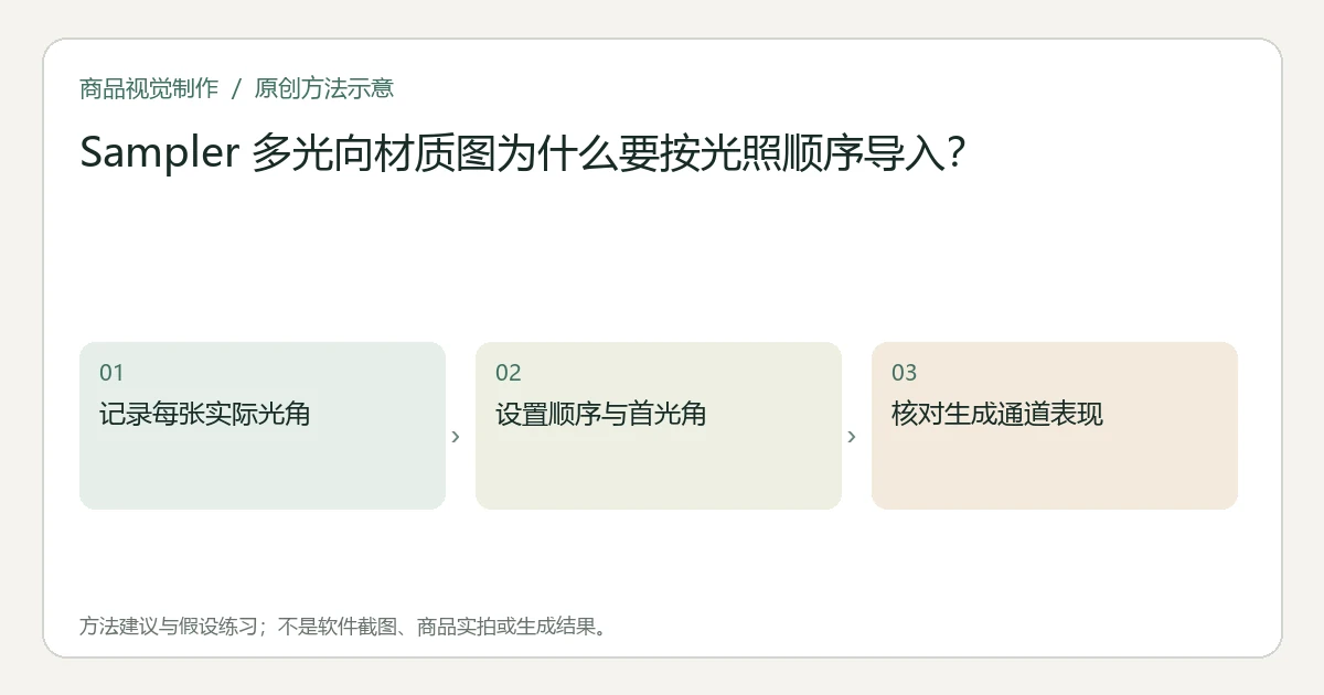 原创方法示意：记录每张实际光角；设置顺序与首光角；核对生成通道表现。非工具界面、商品实拍或测试结果。