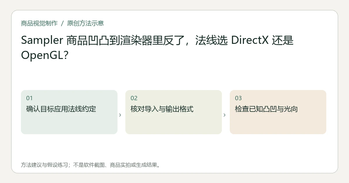 原创方法示意:确认目标应用法线约定;核对导入与输出格式;检查已知凸凹与光向。非工具界面、商品实拍或测试结果。