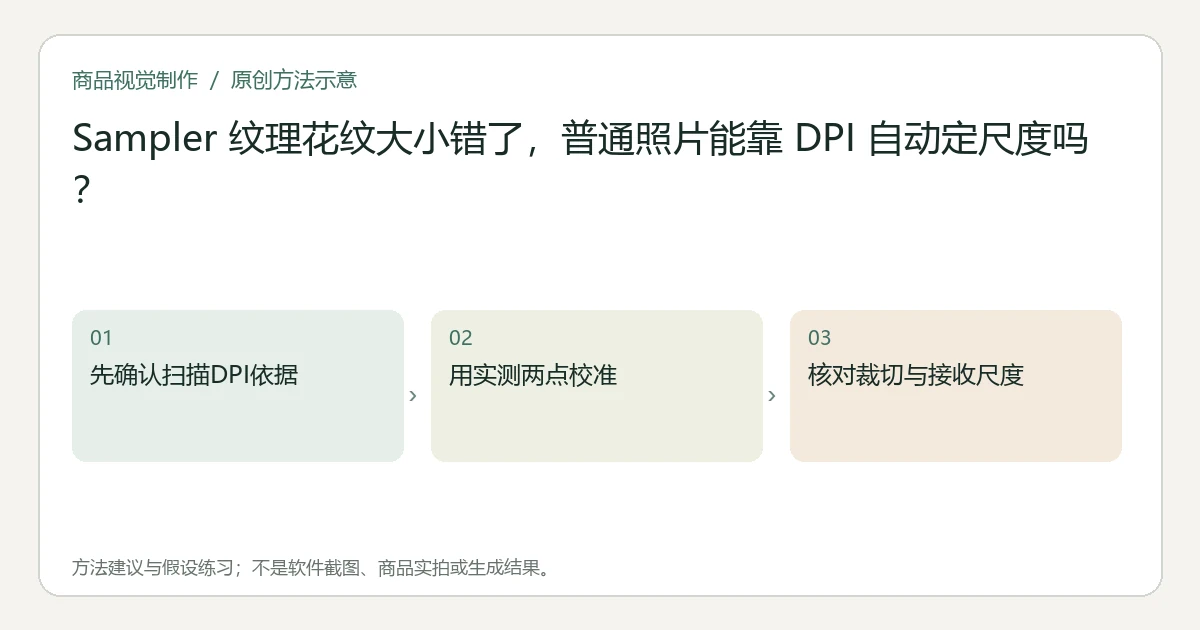 原创方法示意：先确认扫描DPI依据；用实测两点校准；核对裁切与接收尺度。非工具界面、商品实拍或测试结果。