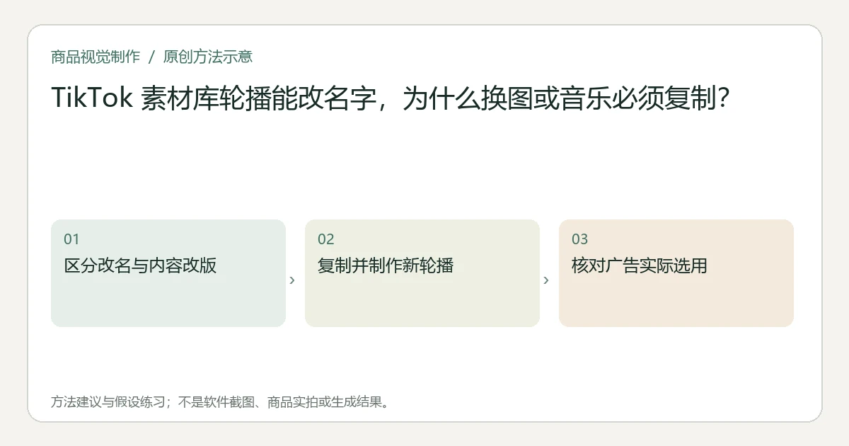 原创方法示意：区分改名与内容改版；复制并制作新轮播；核对广告实际选用。非工具界面、商品实拍或测试结果。