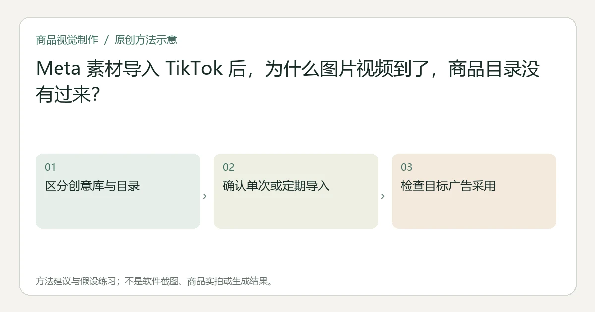原创方法示意：区分创意库与目录；确认单次或定期导入；检查目标广告采用。非工具界面、商品实拍或测试结果。