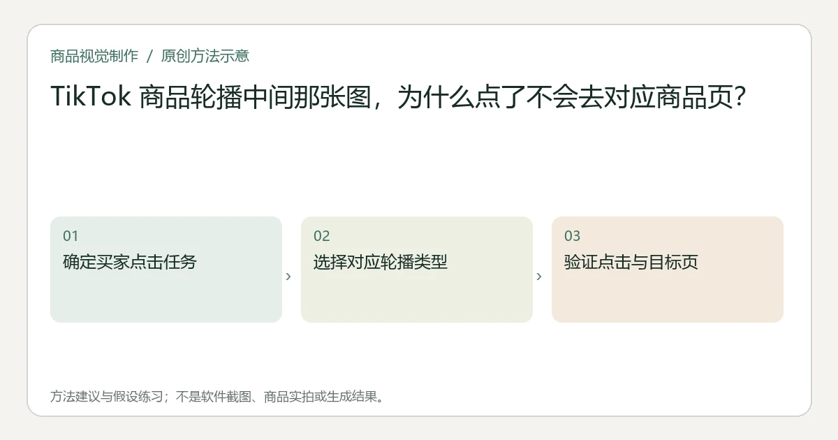原创方法示意：确定买家点击任务；选择对应轮播类型；验证点击与目标页。非工具界面、商品实拍或测试结果。