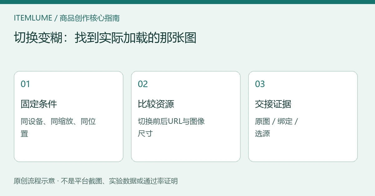商品变体模糊排查示意:先核原图,再核颜色绑定,最后检查页面实际加载与展示;非店铺测试结果