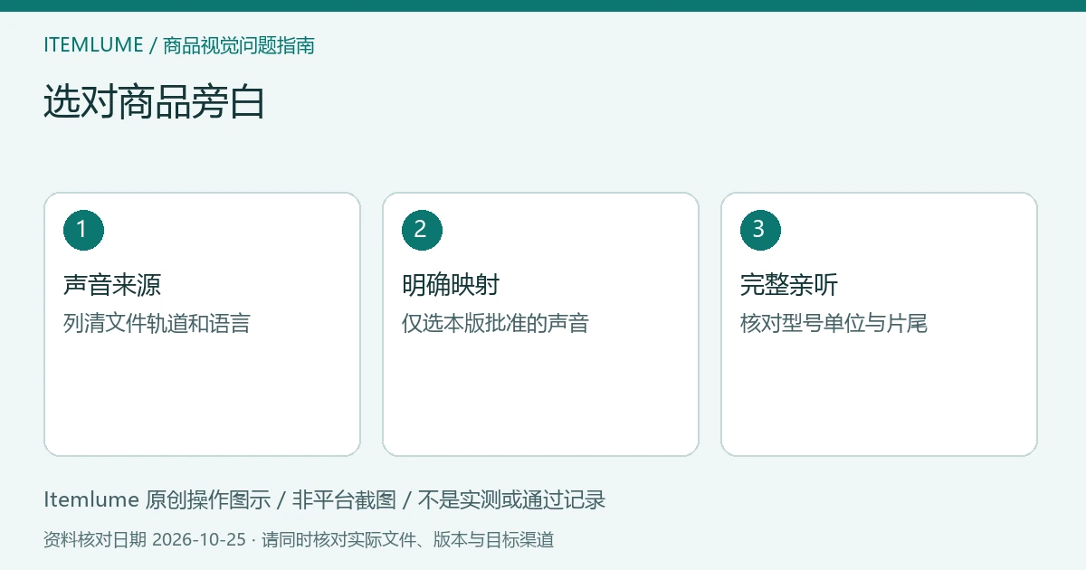 商品视频交付检查示意:列出声音来源、限定输出音轨、亲听发布语言