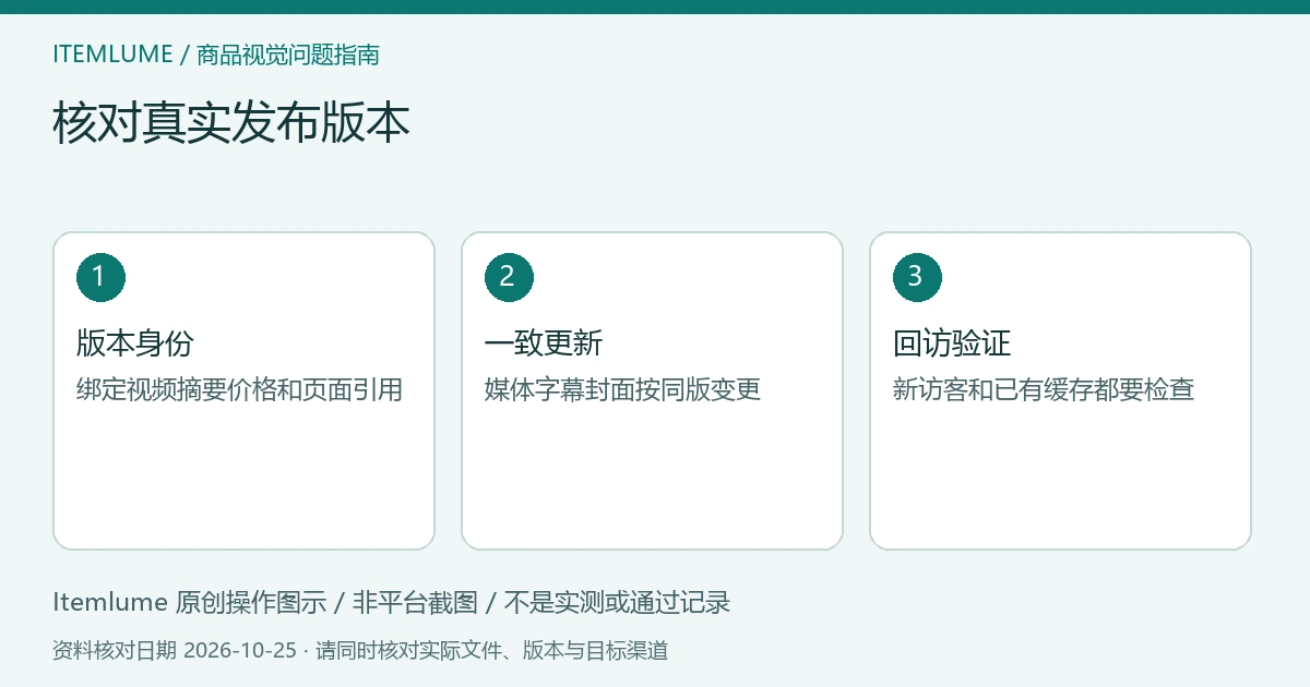 商品视频交付检查示意：版本身份、一致更新、回访验证
