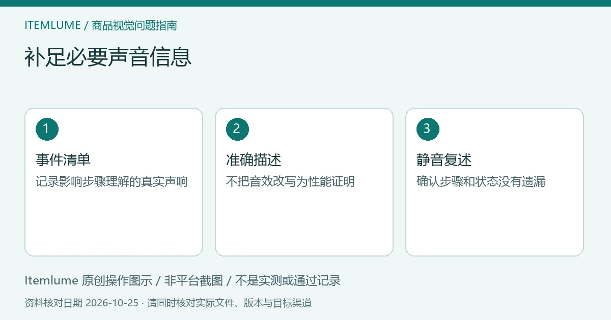 商品视频交付检查示意：事件清单、准确描述、静音复述
