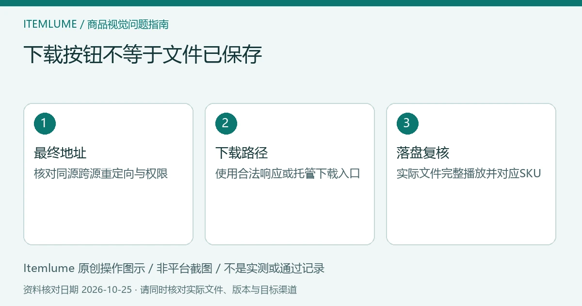 商品视频交付检查示意：最终地址、下载路径、落盘复核