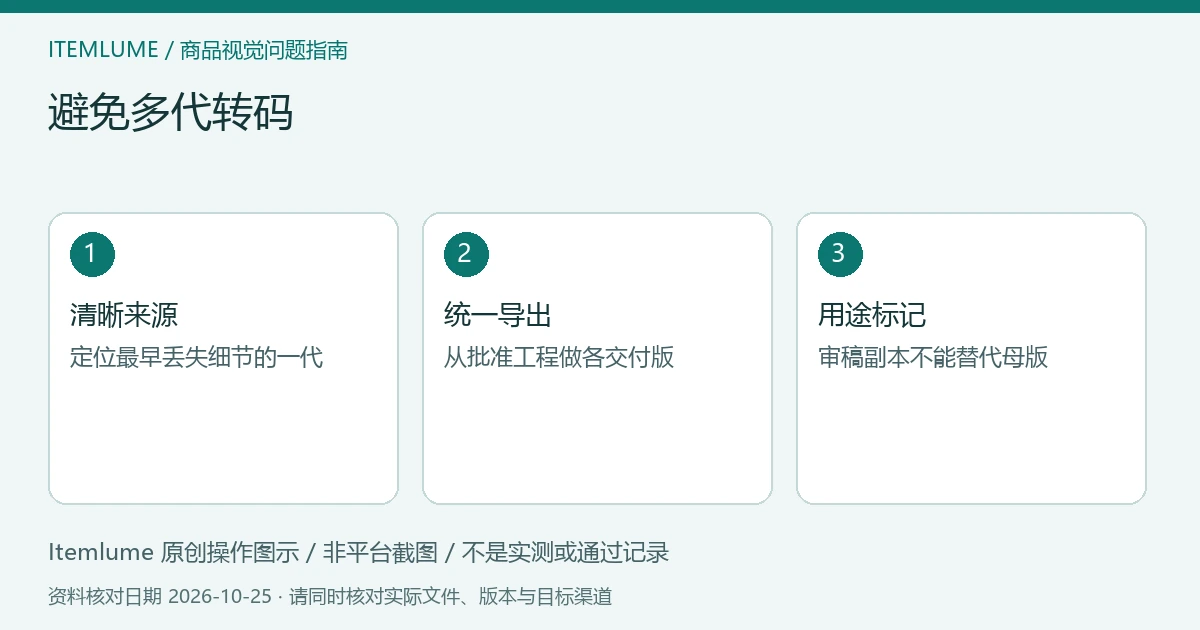 商品视频交付检查示意：追溯清晰来源、统一交付导出、冻结版本用途