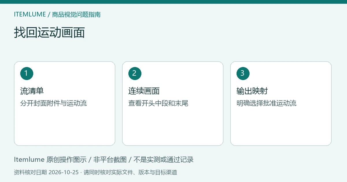 商品视频交付检查示意：列出媒体对象、验证运动流、区分封面身份