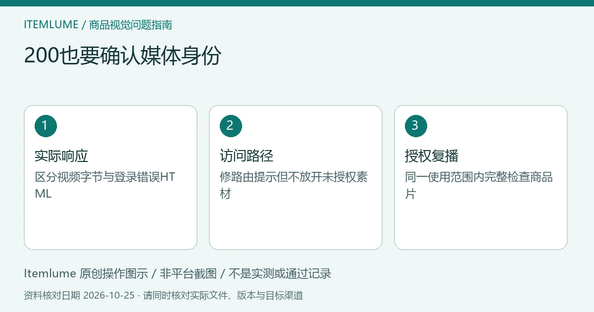 商品视频交付检查示意：实际响应、访问路径、授权复播
