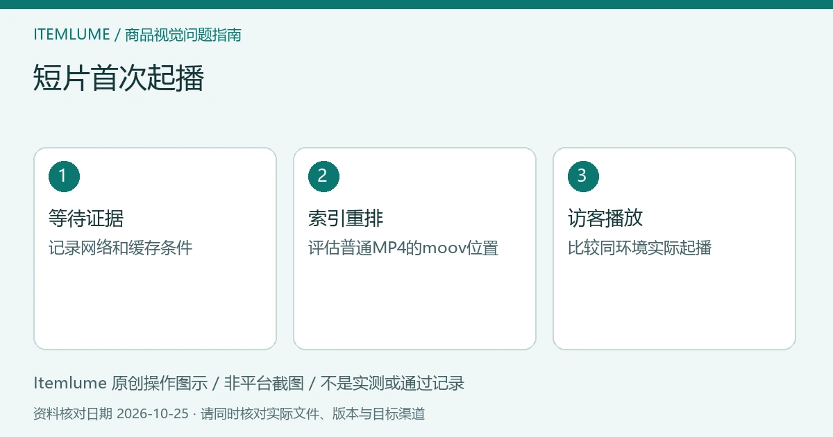 商品视频交付检查示意：记录起播等待、评估索引重排、验证访客播放