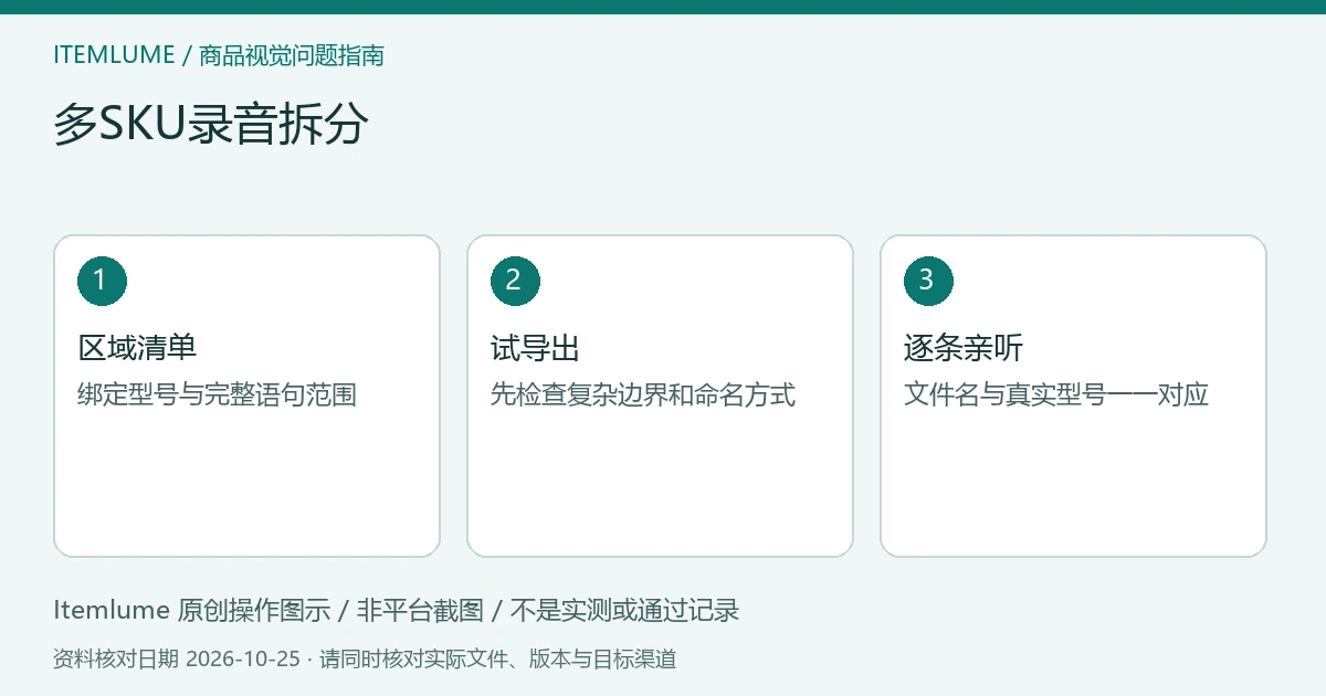 商品视频交付检查示意:区域清单、试导出、逐条亲听