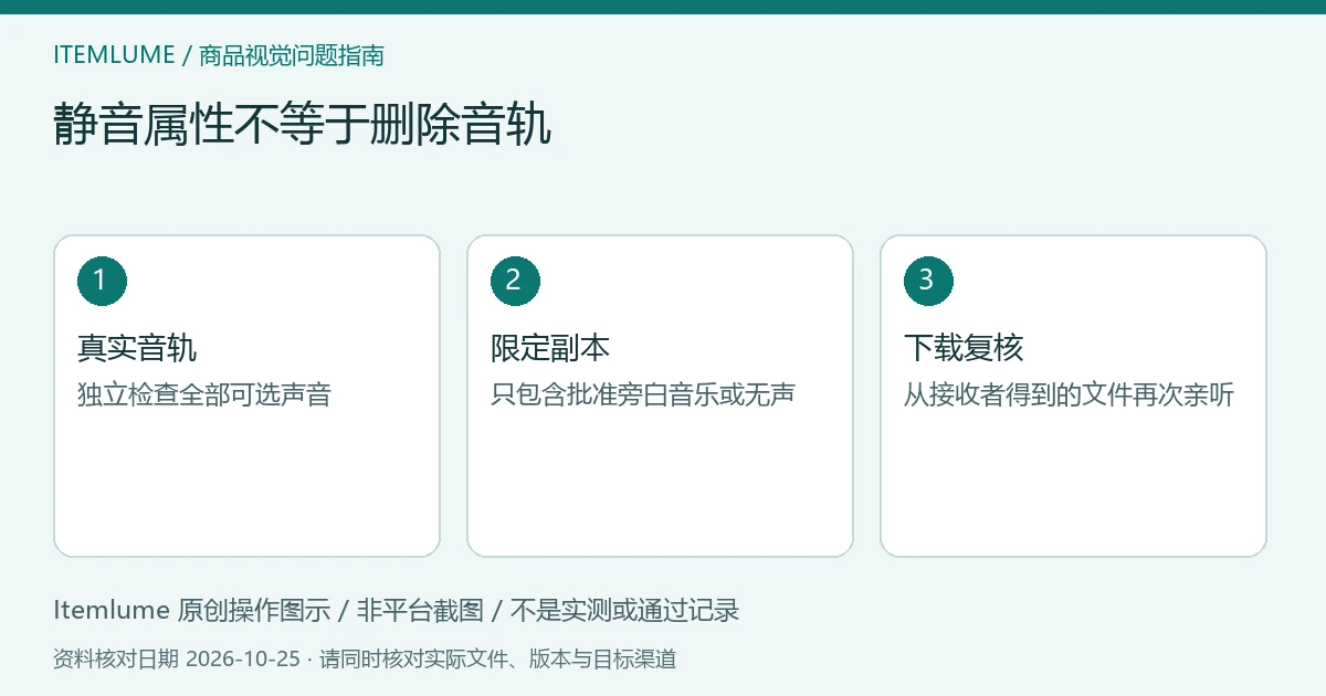 商品视频交付检查示意：真实音轨、限定副本、下载复核