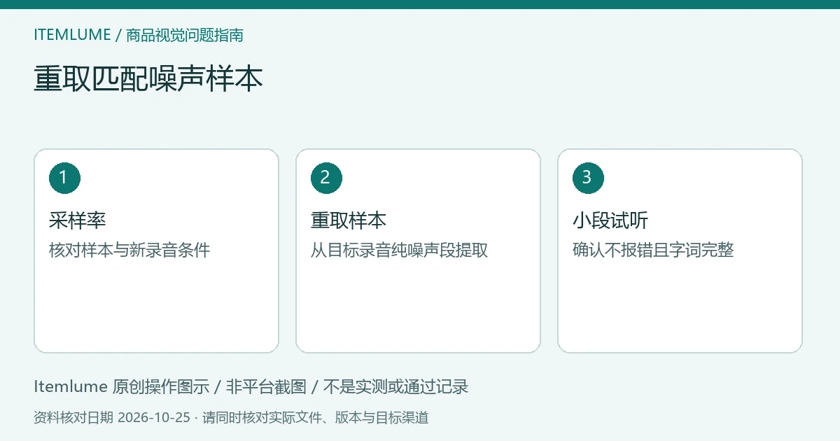 商品视频交付检查示意：核对目标采样率、重新提取噪声样本、试听新处理副本