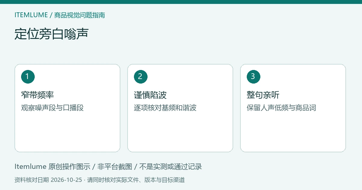 商品视频交付检查示意：观察频率窄峰、小段评估陷波、完整核对人声